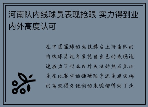 河南队内线球员表现抢眼 实力得到业内外高度认可