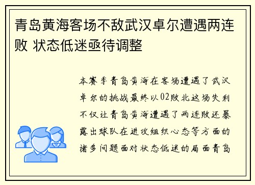 青岛黄海客场不敌武汉卓尔遭遇两连败 状态低迷亟待调整